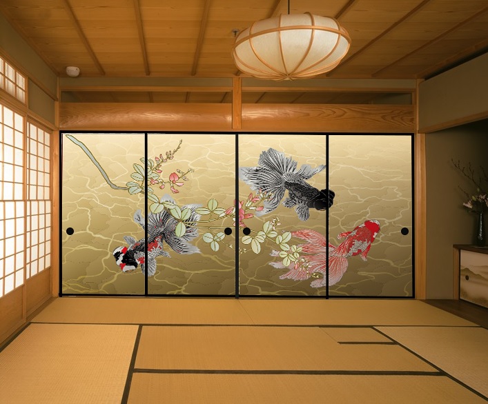デザイン襖紙　「金魚」　４枚組　　（襖/ふすま/ふすま紙/和モダン/縁起柄/金魚/涼やか/和室/店舗/料亭/古民家/リフォーム/リメイク/高級感/和紙/オシャレ/張替え/JAPAN STYLE)｜こだわりの室内装飾専門店しつらい 21,164円