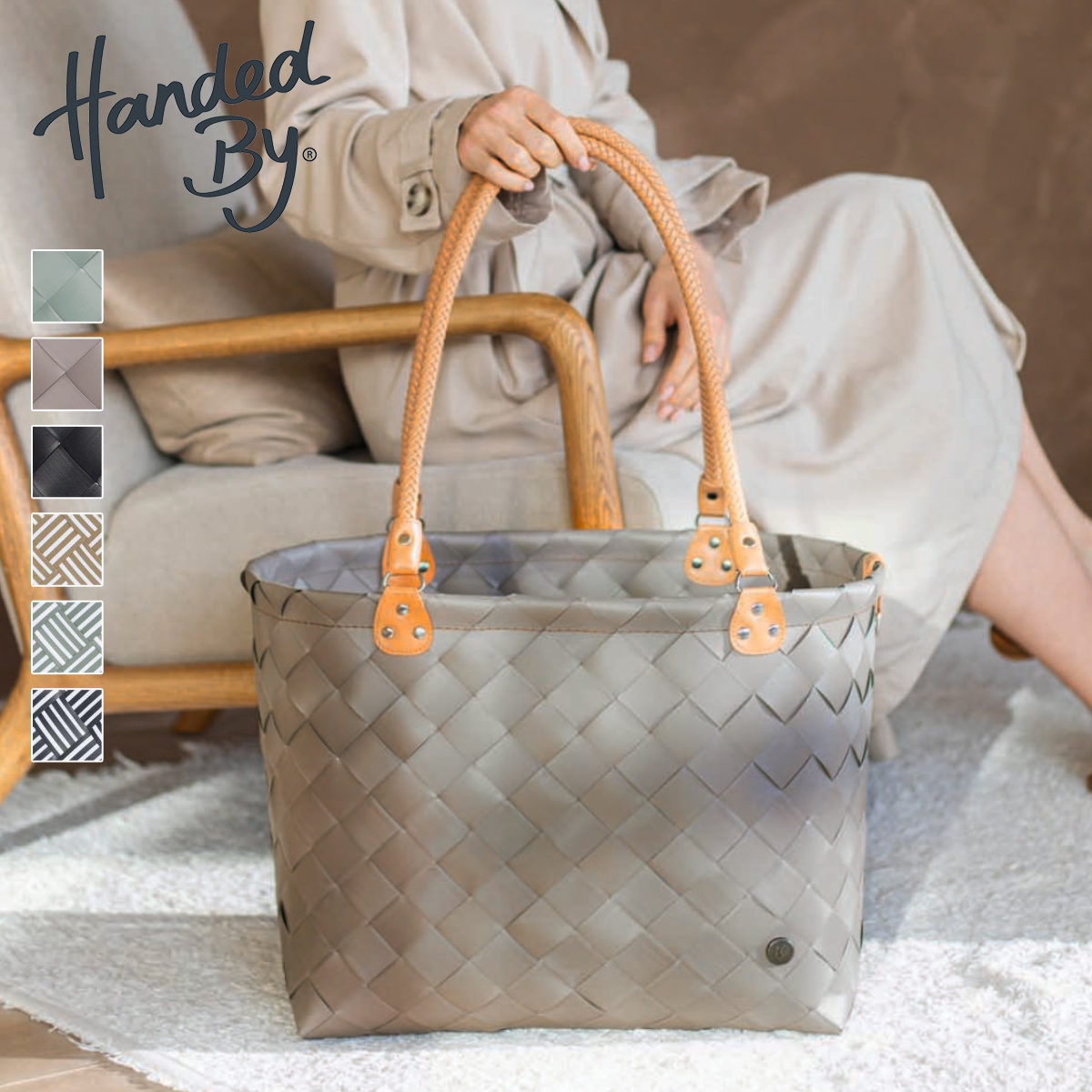 かごバッグ 手編み Handed By ハンデッドバイ Saint Maxime ( カゴバッグ トートバッグ ハンドバッグ かばん 鞄 バスケット リサイクル素材 ハンデッドバイ 持ち手 カゴ かご 編み込み マチあり 柄 ストライプ PPバンド プラかご プラカゴ)|シゼム支店