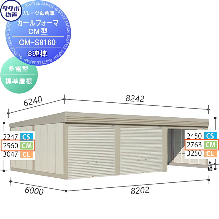 【無料★特典対象】 物置 収納 タクボ 物置 TAKUBO 田窪工業所 カールフォーマ CM 3連棟 多雪型 標準屋根 間口8202奥行き6000高さ2763 CM-S8160 シャッタータイプ 3連棟 収納庫 屋外 倉庫 駐輪 大型｜DIYエクステリアSTYLE-JAPAN-GROUP