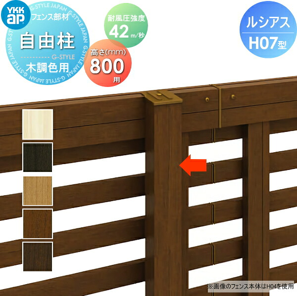 【部品】 フェンス YKK YKKap ルシアスフェンスH07型用 自由柱 木調カラー H800 耐風圧強度42m 秒相当仕様 柱ピッチ2ｍ以内 境界 屋外 アルミ 形材フェンスガーデン DIY 塀 壁 囲い