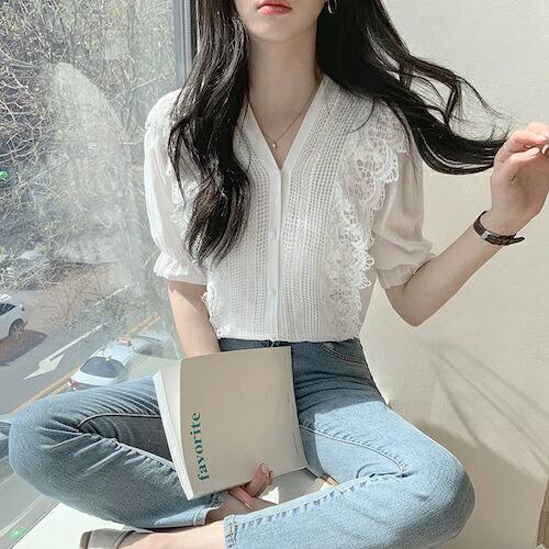 アイボリー レース Vネック フレア袖 トップス 20230430211159_1.jpg