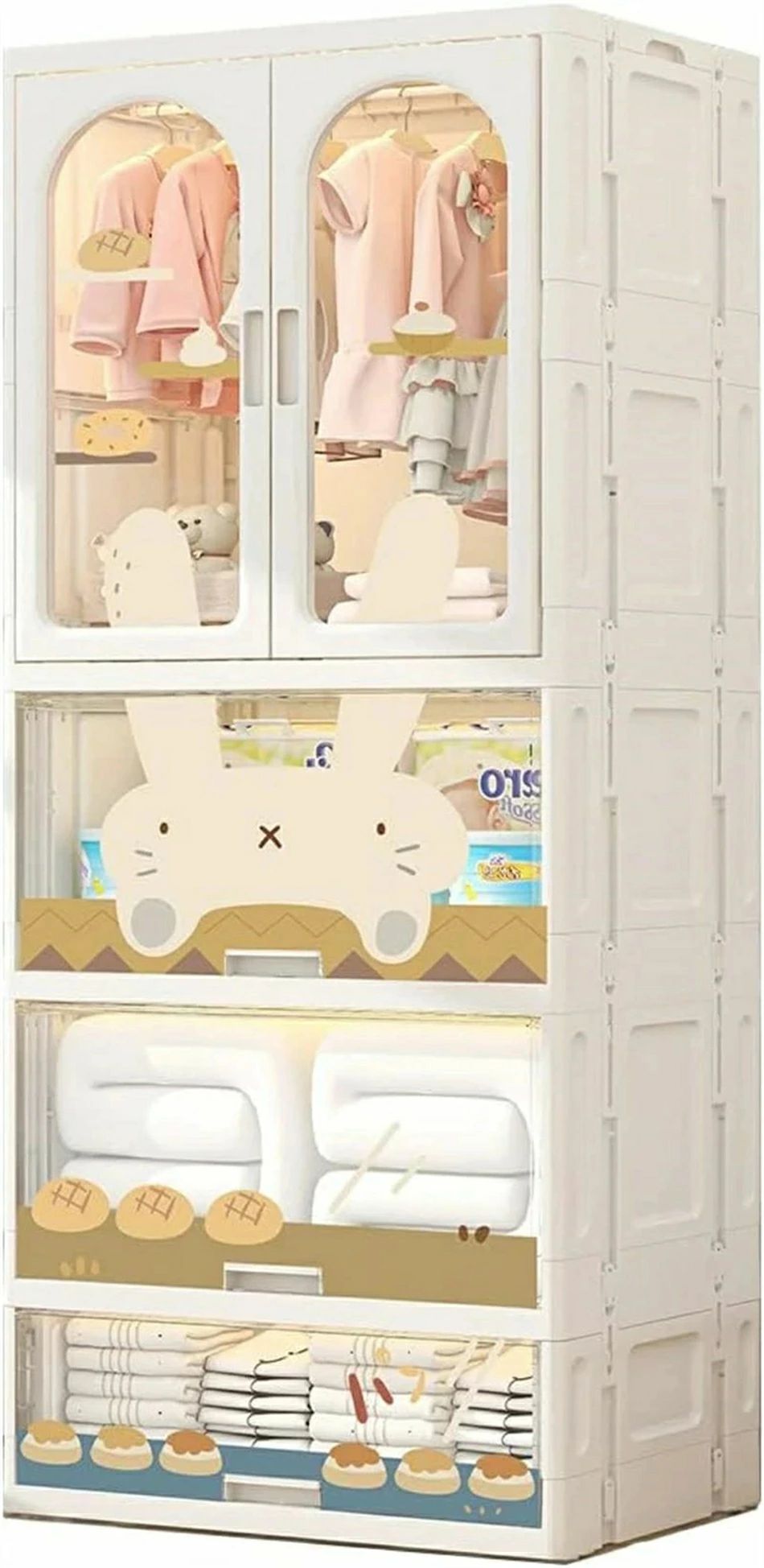 ワードローブ 扉付き 折り畳み式 子供用 かわいい ベービー用品収納 防塵 高耐荷重 洋服入れ おしゃれ 多用途 耐久性 組立簡単 工具不要