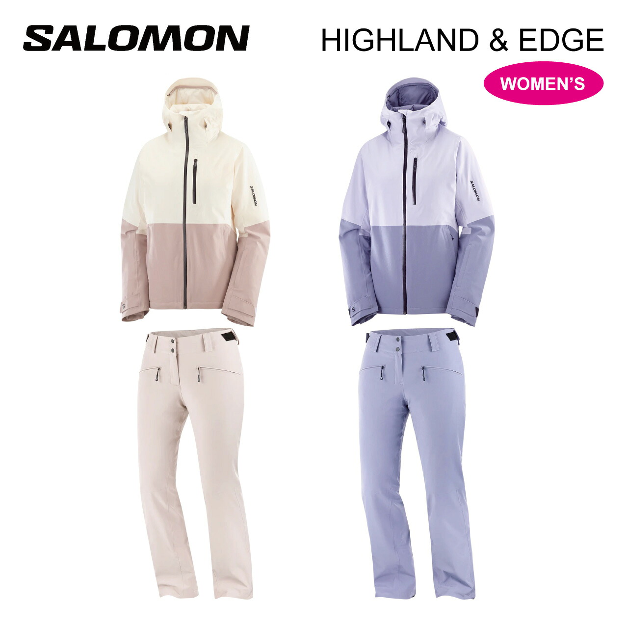 25-26 SALOMON スキーウェア パンツ 上下セット ウィメンズ HIGHLAND JACKET & EDGE PT スノーボードウェア ウィンタースポーツ 取り外し 調節可能なフード ベンチレーション インサレーション 伸縮素材 防水 防寒 おしゃれ 正規品