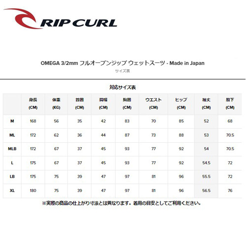 大人気 リップカール 日本製 3/2m フルスーツLBサイズ バックジップ