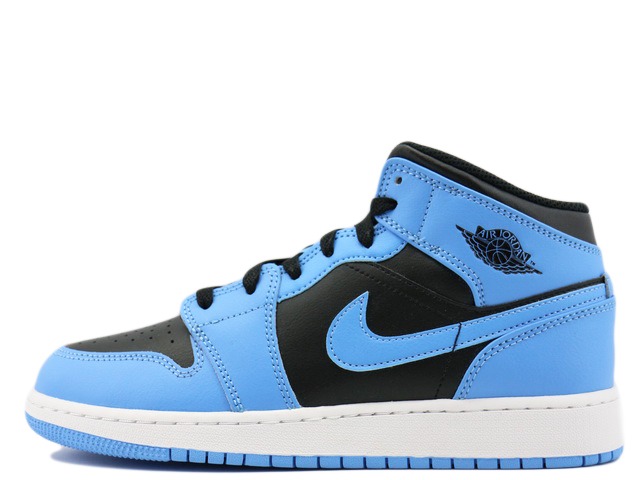 【レディーススニーカー】NIKE AIR JORDAN 1 MID GS DQ8423-401<br>ナイキ エアジョーダン 1 ミッド グレードスクール ユニバーシティブルー/ブラック-ホワイト<br>UNIVERSITY BLUE/BLACK-WHITE