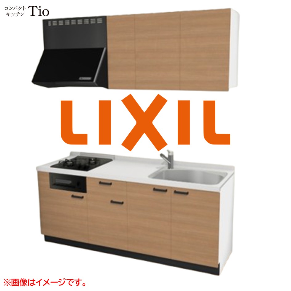 人造大理石トップ 間口1950mm 2口ガスコンロ ミニキッチン コンパクトキッチン コンログリル付 LIXIL リクシル Tio ティオ 壁付I型 扉デザイン グループ2 B7シリーズ 木目(つや消し) カラー(クリエラスク) ハンドル取手【送料無料】｜SKPショップ