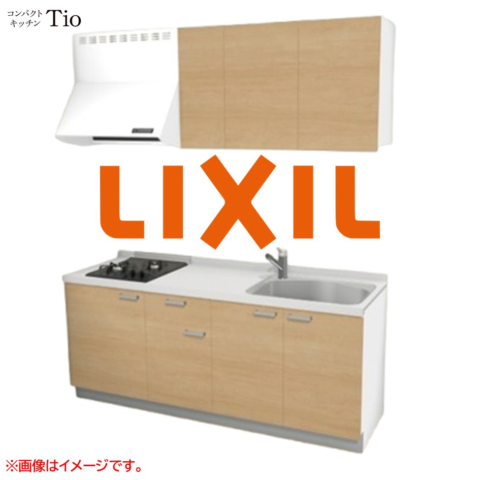 人造大理石トップ 間口1950mm 2口ガスコンロ ミニキッチン コンパクトキッチン コンログリルレス LIXIL リクシル Tio ティオ 壁付I型 扉デザイン グループ2 B7シリーズ 木目(つや消し) カラー(クリエペール) ハンドル取手【送料無料】｜SKPショップ