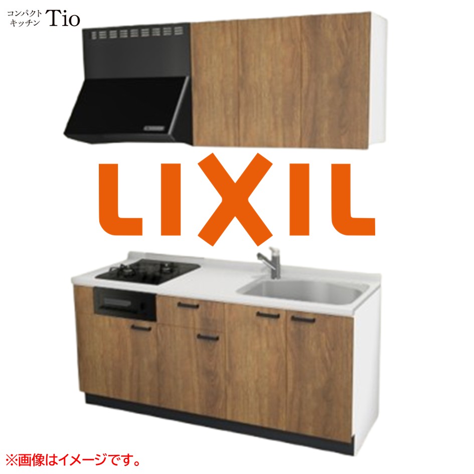 人造大理石トップ 間口1800mm 2口ガスコンロ ミニキッチン コンパクトキッチン コンログリル付 LIXIL リクシル Tio ティオ 壁付I型 扉デザイン グループ3 B9シリーズ 木目(エンボス) カラー(エイジドオーク) ハンドル取手【送料無料】｜SKPショップ