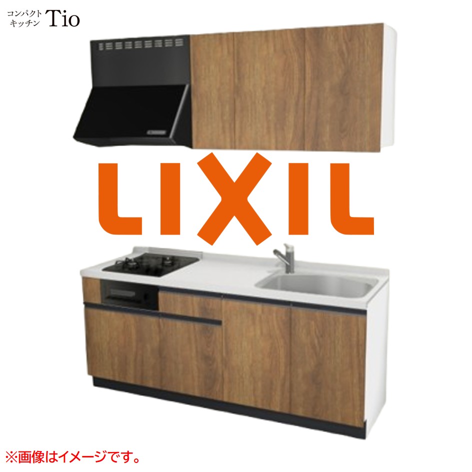 人造大理石トップ 間口1950mm 2口ガスコンロ ミニキッチン コンパクトキッチン コンログリル付 LIXIL リクシル Tio ティオ 壁付I型 W1950 扉デザイン グループ3 B9シリーズ 木目(エンボス) カラー(エイジドオーク) ライン取手【送料無料】|SKPショップ