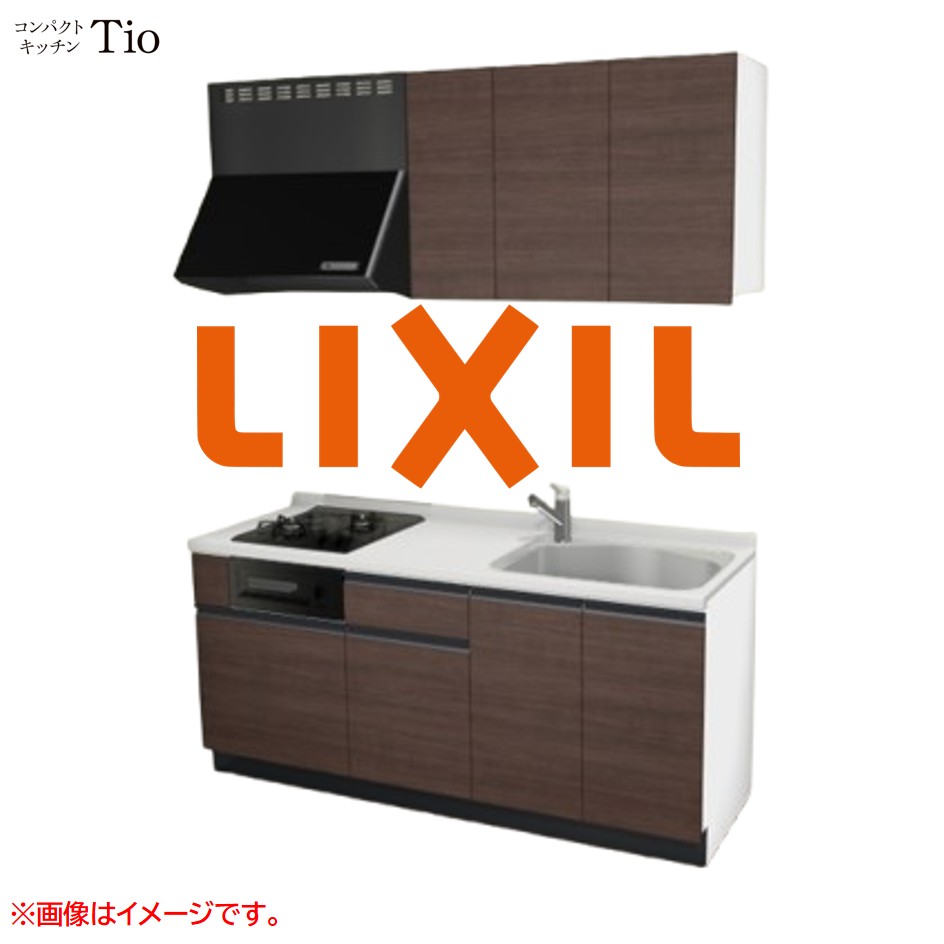 人造大理石トップ 間口1800mm 2口ガスコンロ ミニキッチン コンパクトキッチン コンログリル付 LIXIL リクシル Tio ティオ 壁付I型 W1800 扉デザイン グループ2 B7シリーズ 木目(つや消し) カラー(クリエダーク) ライン取手【送料無料】|SKPショップ