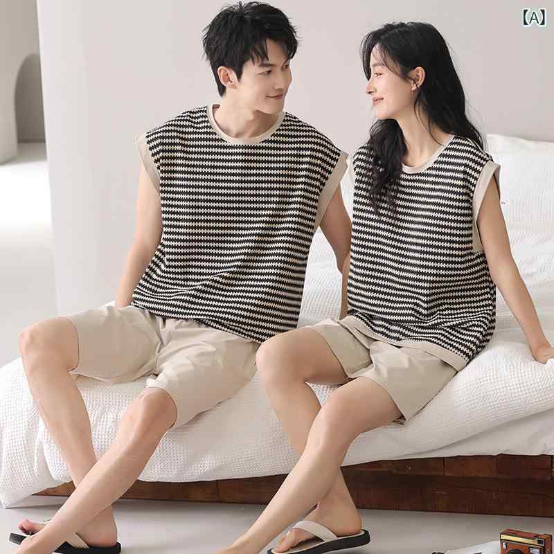 胸 パッド 付き 女性 用 カップル パジャマ、 夏 用 ノースリーブ ベスト、 涼しくて 涼しい 綿、 屋外で 着用 可能、 男性と ティーンエイジャーの ホーム 服