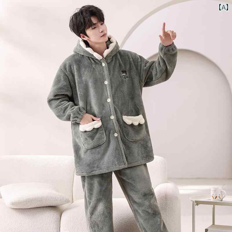秋冬の 新型 パジャマに ベルベットを つけて カップルを 厚く して、 帽子の 家の 服の 女性の 男性は 保温 スーツを 着る ことが できる