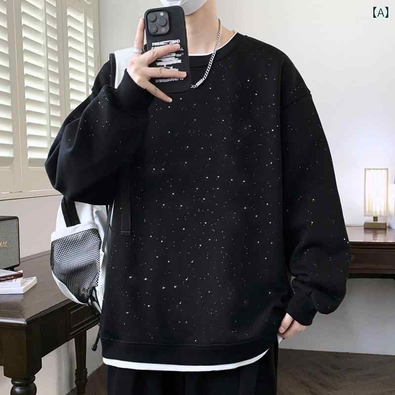 満天の 星の 衛 衣の 男性の 秋冬の 金の ベルベットの 厚い 丸首の 長袖の t シャツの 男性の 潮の ブランドの コートの 偽の 2つの 底の シャツの T