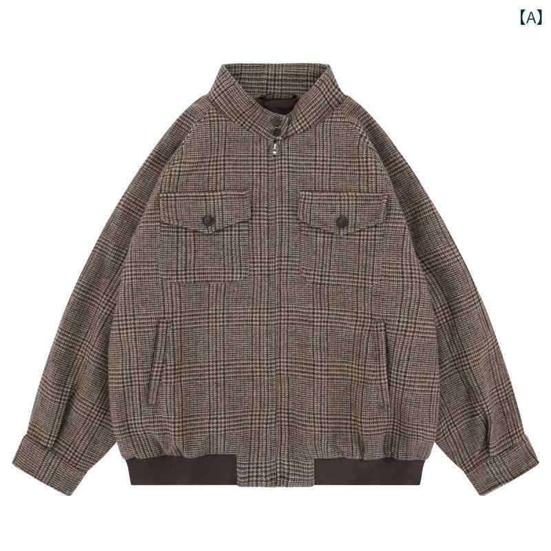 瀾海 メンズ 2025 FW レ トロ 美 ラード 風 千鳥 格 ウール 立 襟 ハリントンクリーン fit ジャケット|スカイライト