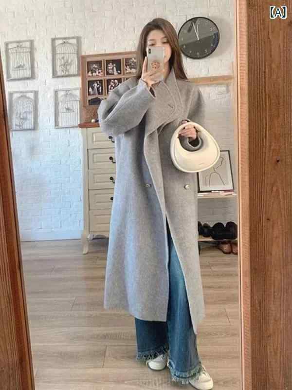 立 襟の 優しい 灰色の カシミヤの 両面の コートの 女性は 2024 年 秋冬の 両面の ウールの コートの 毛ですね。