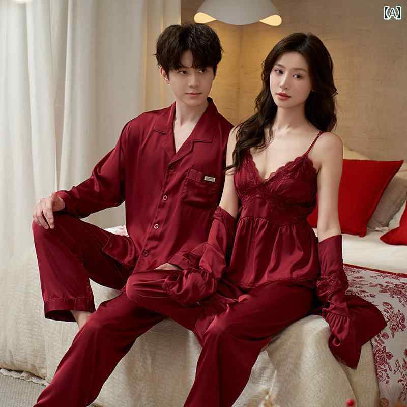 パジャマ カップル ?婚 新婚 赤い 男 レディースアイススリングパジャマ 朝 ガウン ?袖 本命 年 シルク セット