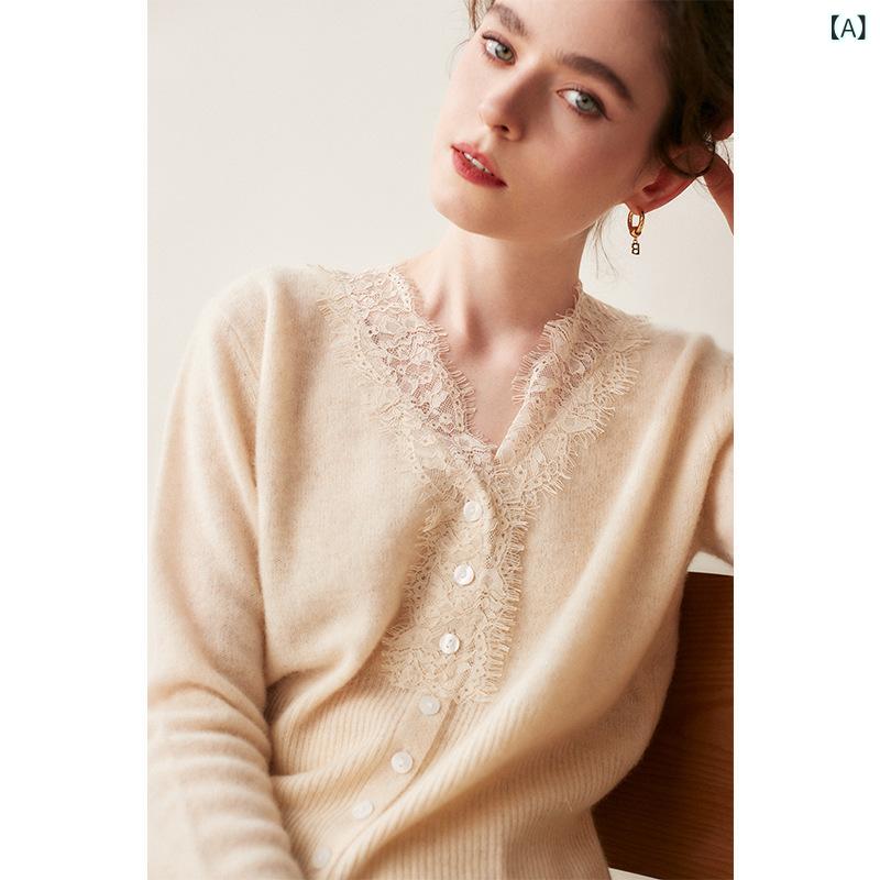 レースカシミヤカーディガン 女性の V ネック ショートセータージャケットニットウールカーディガン 長袖 秋と 冬の 新しい スタイル|スカイライト