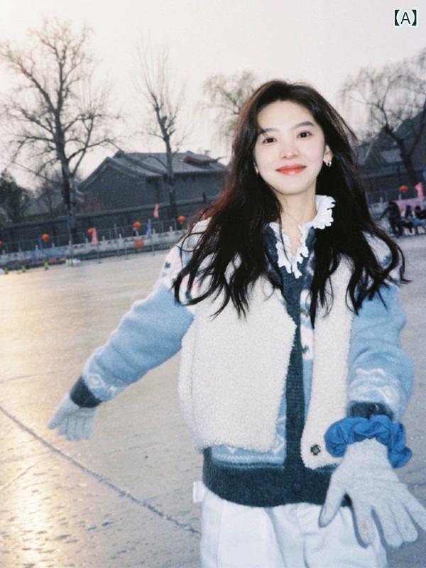 章 若楠同 モデルの レ トロな フェア 島の 青い ジャカードの 短い セーターの 女性の かわいい 上着の ニットの カーディガンの コートの 冬