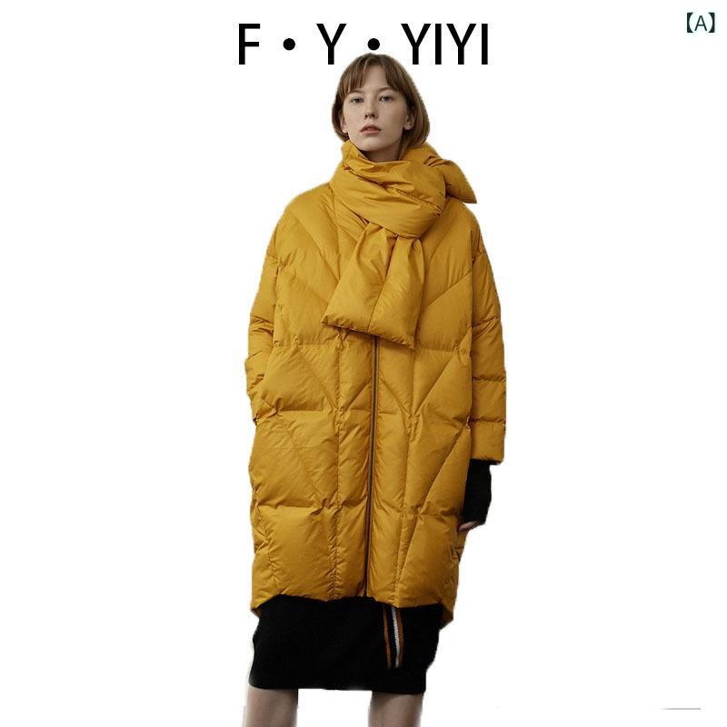 冬 2020 新型 黄色 減 齢 ファッション 白 鴨 絨毛 女 ゆるい 中 長 コートダウンジャケット 厚 帯 マフラー