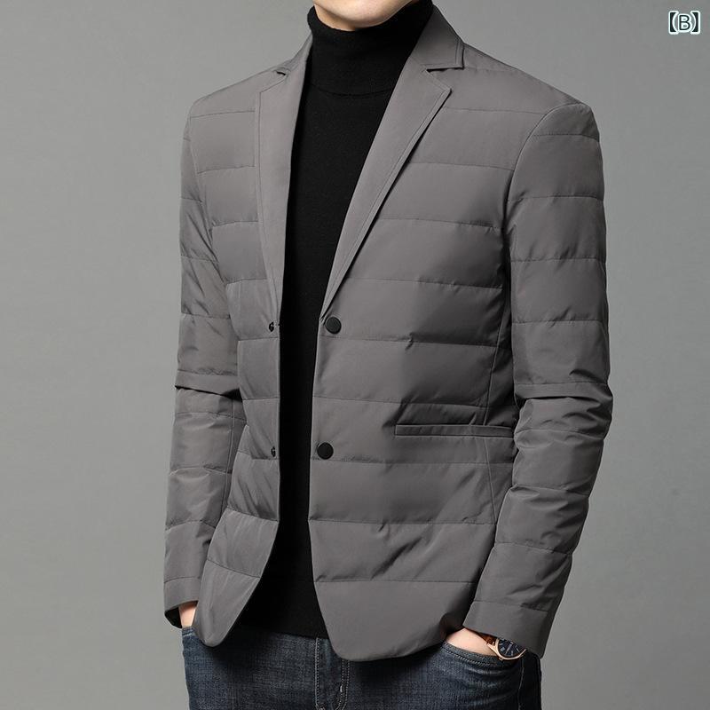 秋冬の 新型 男性 用 ダウン ジャケット 青年 ファッション 韓国 版 修身純 色白 鴨 毛 スーツカジュアルファッションコート｜スカイライト