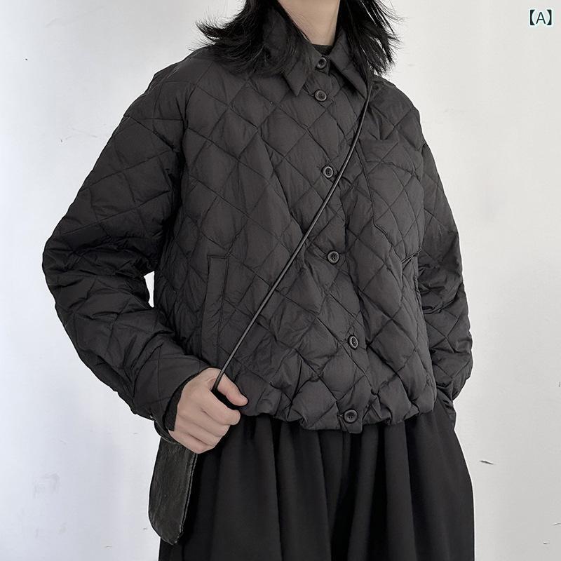 山本 耀司 暗黒 風 ゆるい 菱 格 白 鴨 ダウン ジャケット 女性 冬 タイプ 軽薄 保温 快適 ショート コート