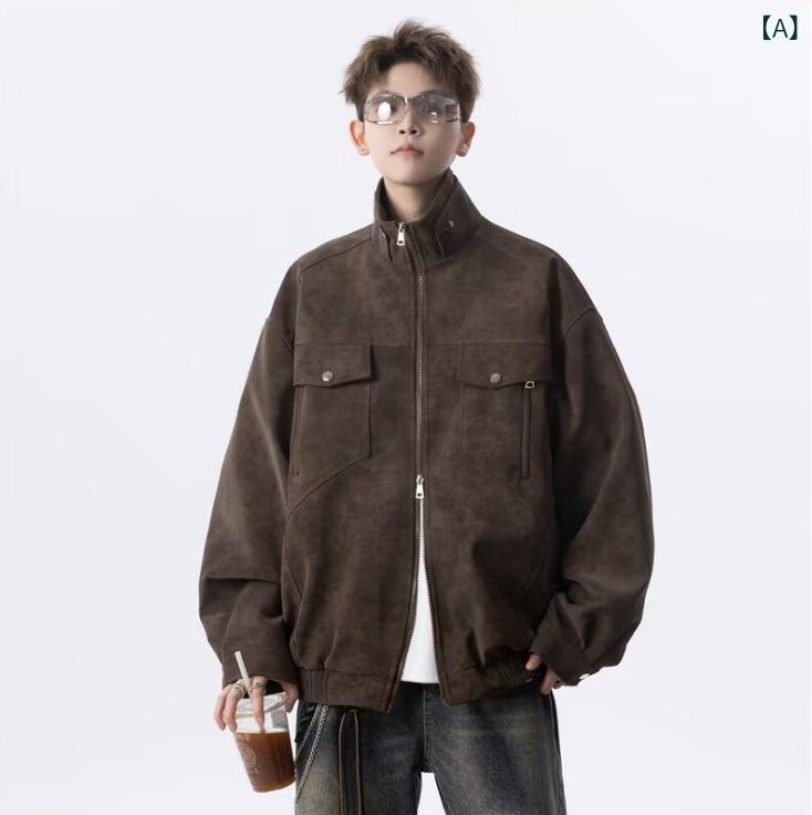 男女の レ トロな 立 襟の 皮の 服の コートの 男性の タイプの 春秋の 潮の ブランドの ごろつきの かっこいい 機関 車の 服の puの 皮の ゆったり して いる カジュアルな ジャケット