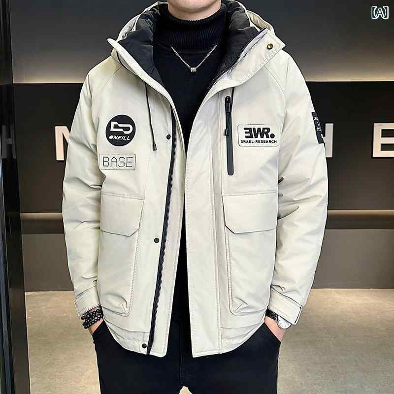 新しい 冬の ダウン ジャケットの 男性 コートの 白 鴨の 毛は 帽子まで ゆったり して います。