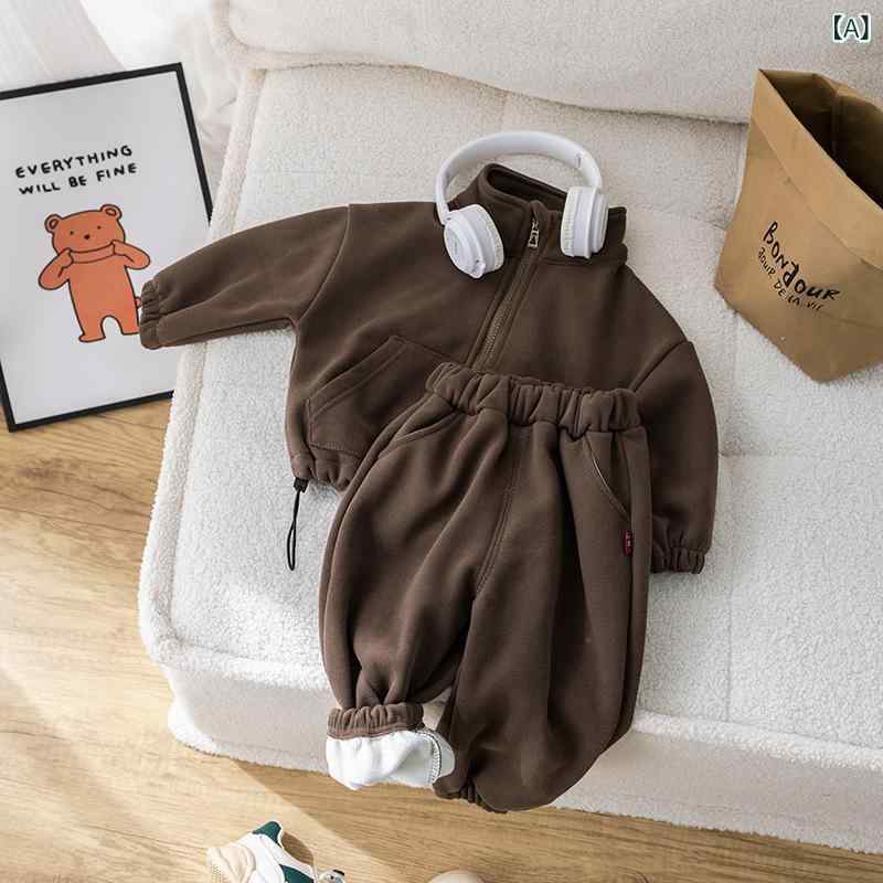 子供 セット 冬 服 新型 ベルベット 一体 ベルベット カジュアル 2 点 セット 運動 ファスナー コート 1 - 5 歳 子供 セット
