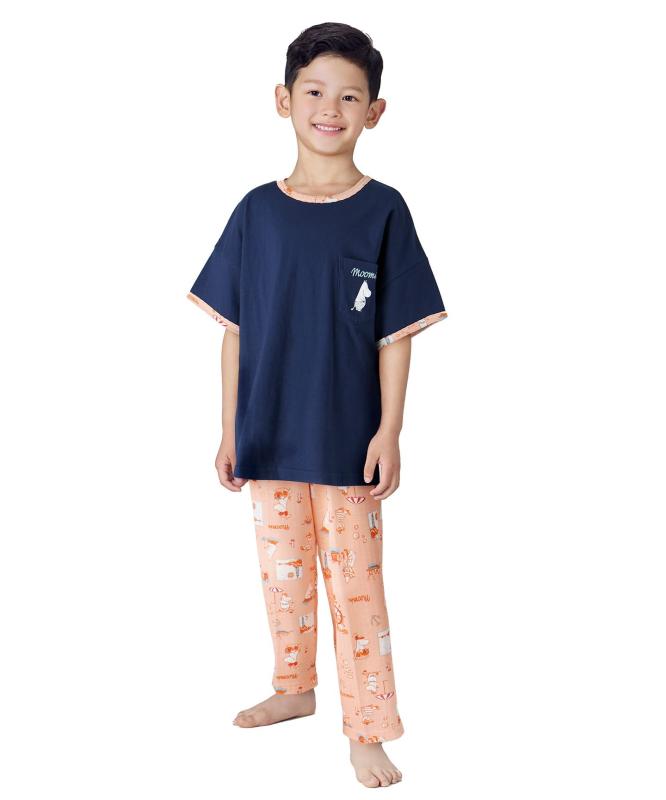 Wacoal KIDS JUINOR(ワコール キッズ ジュニア) キッズパジャマ【ムーミンコラボ】 綿100％天竺素材(トップス本体) 綿混ニットサッカー素材(ボトム) 上下セット 【男女児兼用】 半袖 長ズボン 男｜スカイライト
