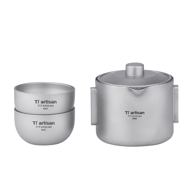 Ti artisan チタン製茶器仕掛ける, 二重社会システム急須と湯呑, 180ml, 納める袋付き添い人, 軽さアウトドア・旅する用 サンディング-氷の花