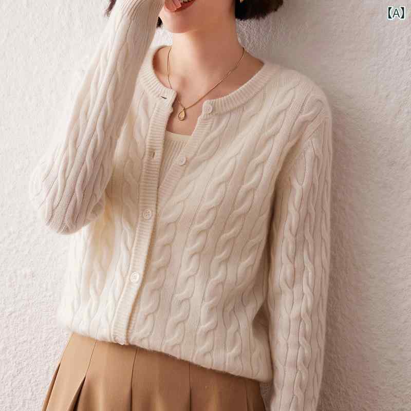 秋冬の 新型 七 針の 厚い カシミヤの ニットの カーディガンの 丸首の 女性の単 列は 麻の 花を 掛けて 長袖の コートを 設計 します。