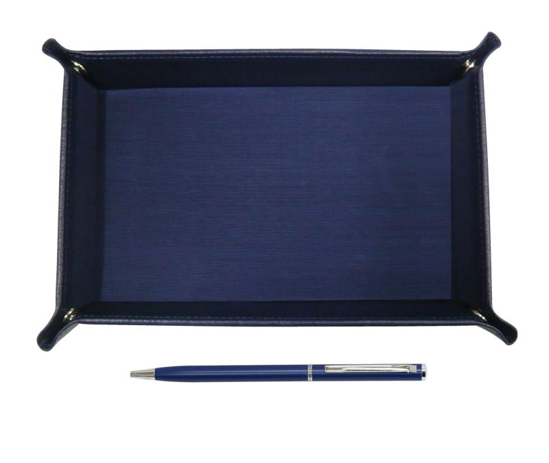 日本製シボ牛革ペントレイ青 スリム回転式ボールペンセット 青 TRAL-PD04-L