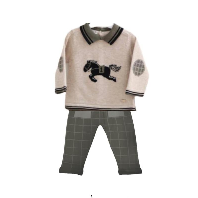 《Leoking》【０歳～３歳赤ちゃん服】綿織物100% オーガニックコットン当て嵌める Royal horse knit suits 馬柄 御坊っちゃんちびっ子服 春 秋 冬 薄っぺら セットアップ 綿100% 白 白いこと 青 青み カーキ ３ｍ－６ｍ 6m-