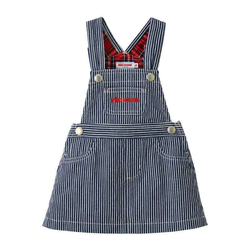 [ミキハウス] 前掛けスコート スコート ヒッコリー ロゴタイプ うしろ帯 もの言う花 キッズ ベビー服 赤ちゃん服 10-1826-495