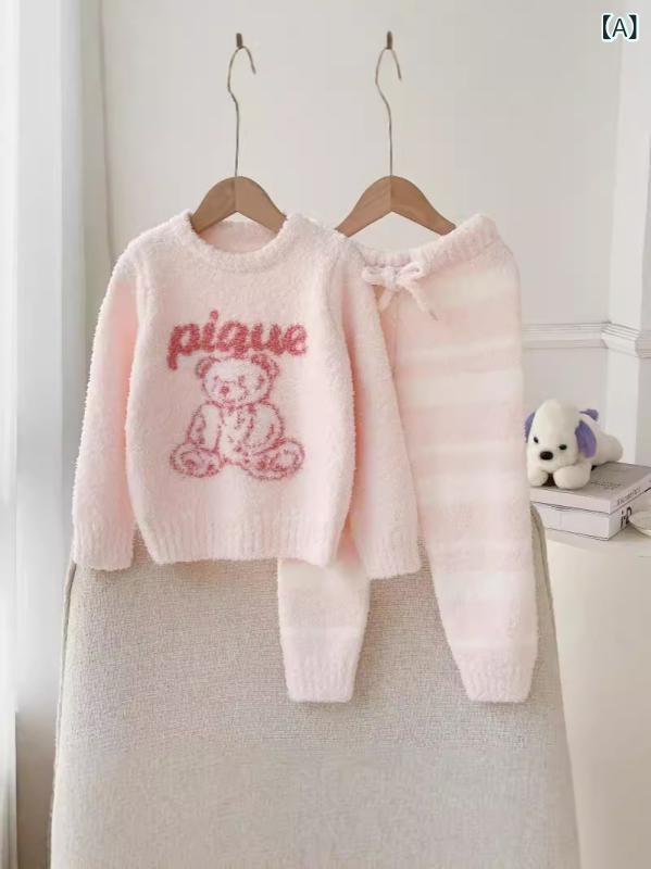 24 秋冬 新品 一般医 親子 男女 フワフワ ひょうろく玉 パイル 小わっぱ ポンチ絵 テディホームウェアパジャマセット