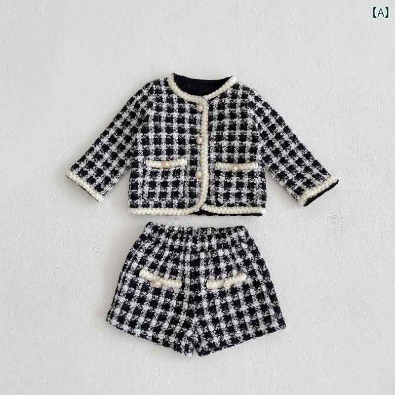 2025 秋 服、小さな 香りの スタイル、 幼児と 子供 用の チェック 柄の 長袖 カーディガン ジャケット + オープンアングルパンツの ツーピース スーツ