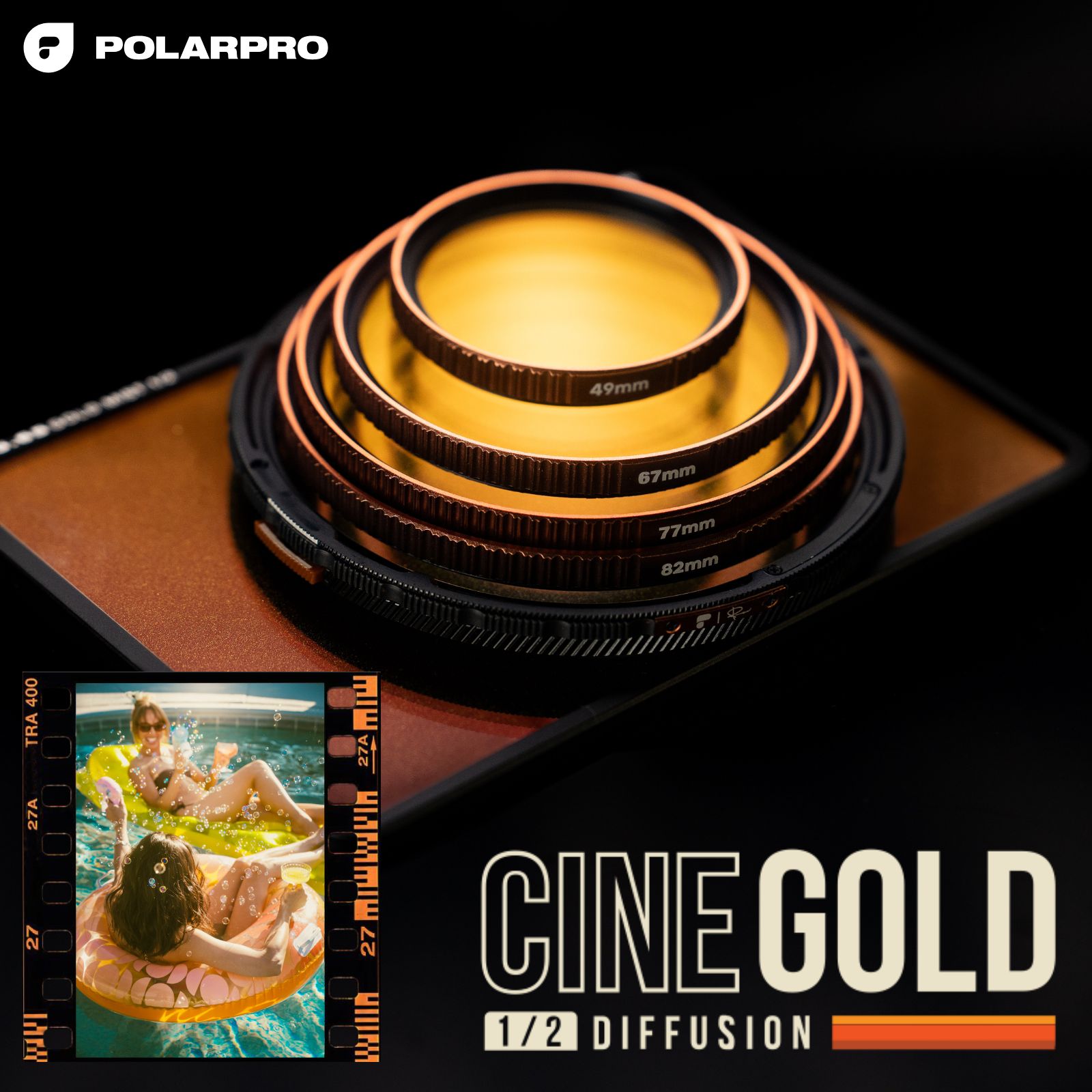 PolarPro CineGold 水漉し 1/2ゴールドミスト 低対比 Kodak Portra 400写真フィルムのヴィンテージシネマティックルックをエミュレーション 写真フィルムのノスタルジックな優しいことを生まれ変わり