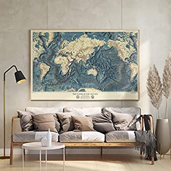 【中古】【輸入品・未使用】歴史的な絵的なウォールマップ、世界 - 海の床と土地緩和 1976 - ヴィンテージウォールアート- 36 x 24 インチ