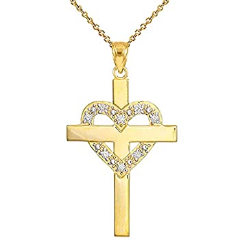 【中古】【輸入品・未使用】ソリッド 14K イエローゴールド ダイヤモンド スタッズ ハート クロス ペンダント ネックレス｜スカイマーケットプラス