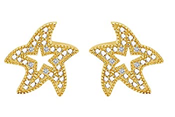 【中古】【輸入品・未使用】14Kゴールドメッキ 925スターリングシルバー ダイヤモンドアクセント ヒトデ スタッドピアス 女性用