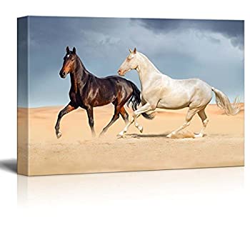 【中古】【輸入品・未使用】キャンバス印刷ウォールアート???AホワイトHorse and aブラックHorse Running On Desert against美しいスカイ|モダン壁装飾/ホームデコレーショ