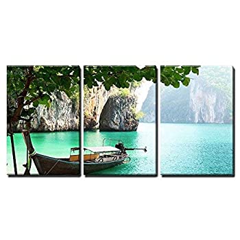 【中古】【インポート品・未当てはめる】wall26 キャンバスウォールアート 3点 タイ王国の島のロング短艇 モダンホームアート 枠張り済 すぐに掛けられる 16in×24in×3ダイアログボックス