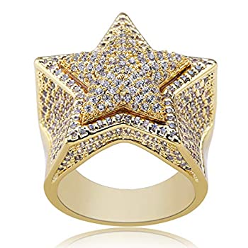 【中古】【輸入品・未使用】SHINY.U 14K 金メッキ アイスアウト キュービックジルコニア 模造ダイヤ 浮き彫り 3D スターパンキーリング メンズ 婚約ヒップホップジュエリー｜スカイマーケットプラス