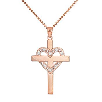 【中古】【輸入品・未使用】ソリッド14?Kローズゴールドdiamond-studdedハートクロスペンダントネックレス
