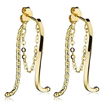 【中古】【輸入品・未使用】Kooljewelry 14Kイエローゴールド カーブバー フロントバックイヤリング