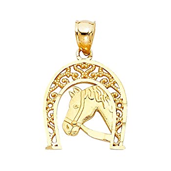 【中古】【インポート品・未当て嵌める】Top Gold \u0026 Diamond Jewelry TGDJ 14K 黄色白いこと ラッキーホースシューペンダント - (高さ17 MM 幅16 粍)