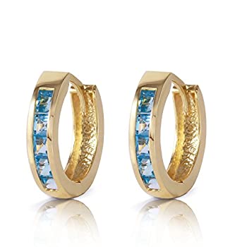 【中古】【輸入品・未使用】K14 Yellow Gold Hoop Huggie Earrings with Princess-cut Natural Blue Topaz