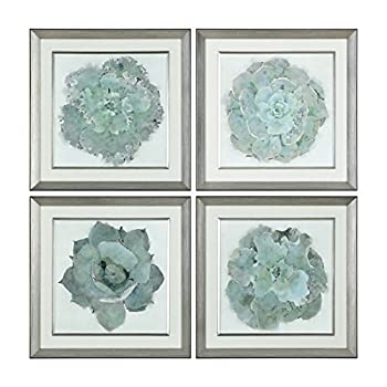 【中古】【輸入品・未使用】設定4グレーグリーンシルバー正方形壁アートプリント| Botanical Flower Blossom Aqua
