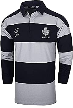 【中古】【インポート品・未当て嵌める】(Large) - SCOTLAND HOOPED GREY/NAVY THISTLE EMBROIDERED LONG SLEEVE LIVE FOR RUGBY SHIRT SIZES XS - 3XL