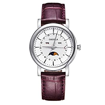 【中古】【輸入品・未使用】CALUOLAメンズ時計ファッションクォーツ腕時計日月Moon Phaseレザーca1174gl CA1174W-SS-white|スカイマーケットプラス
